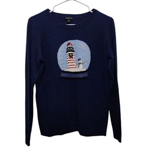 TALBOTS Navy Lighthouse Snowman Snow Globe Sweater Lambs wool Blend Size SP